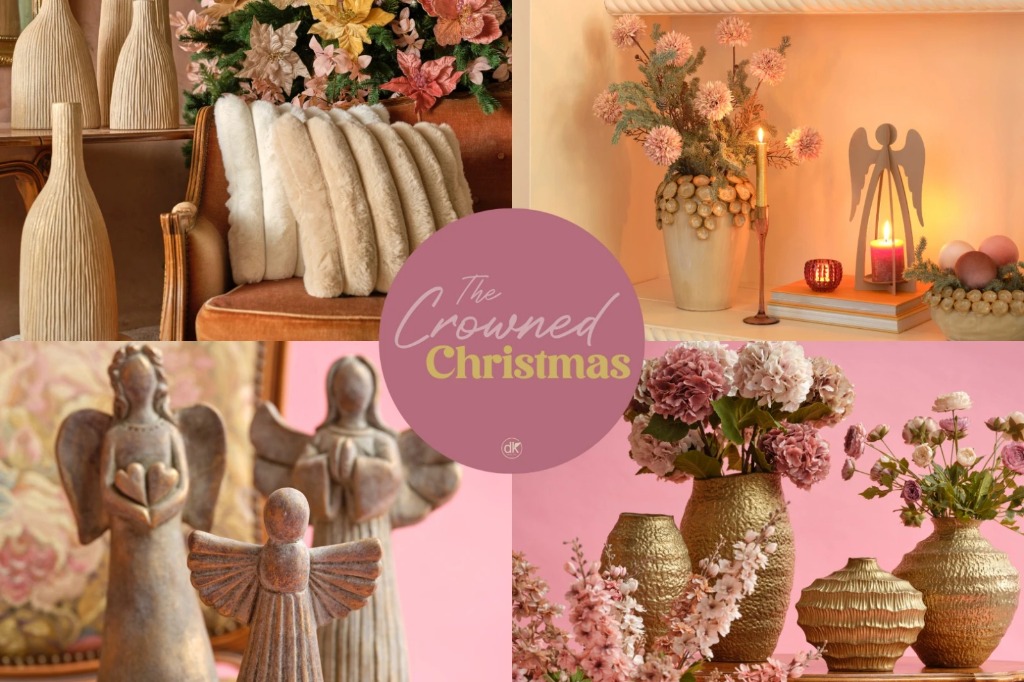 The Crowned Christmas collection: angel figures, gold vases and faux fur cushions