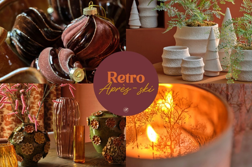 Retro Après-ski collection: velvet baubles, ceramic vases and candle holders